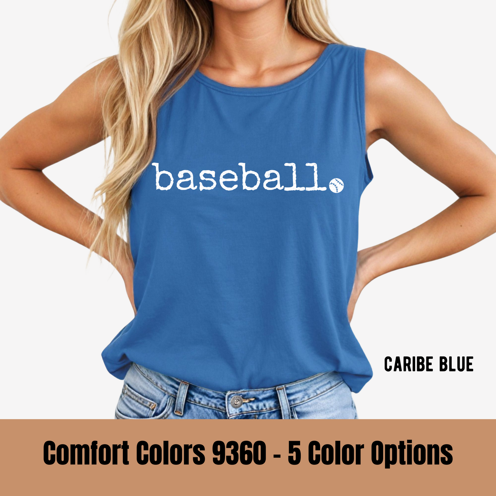 Blue tank top with 'baseball' text worn by a person, on a white background.