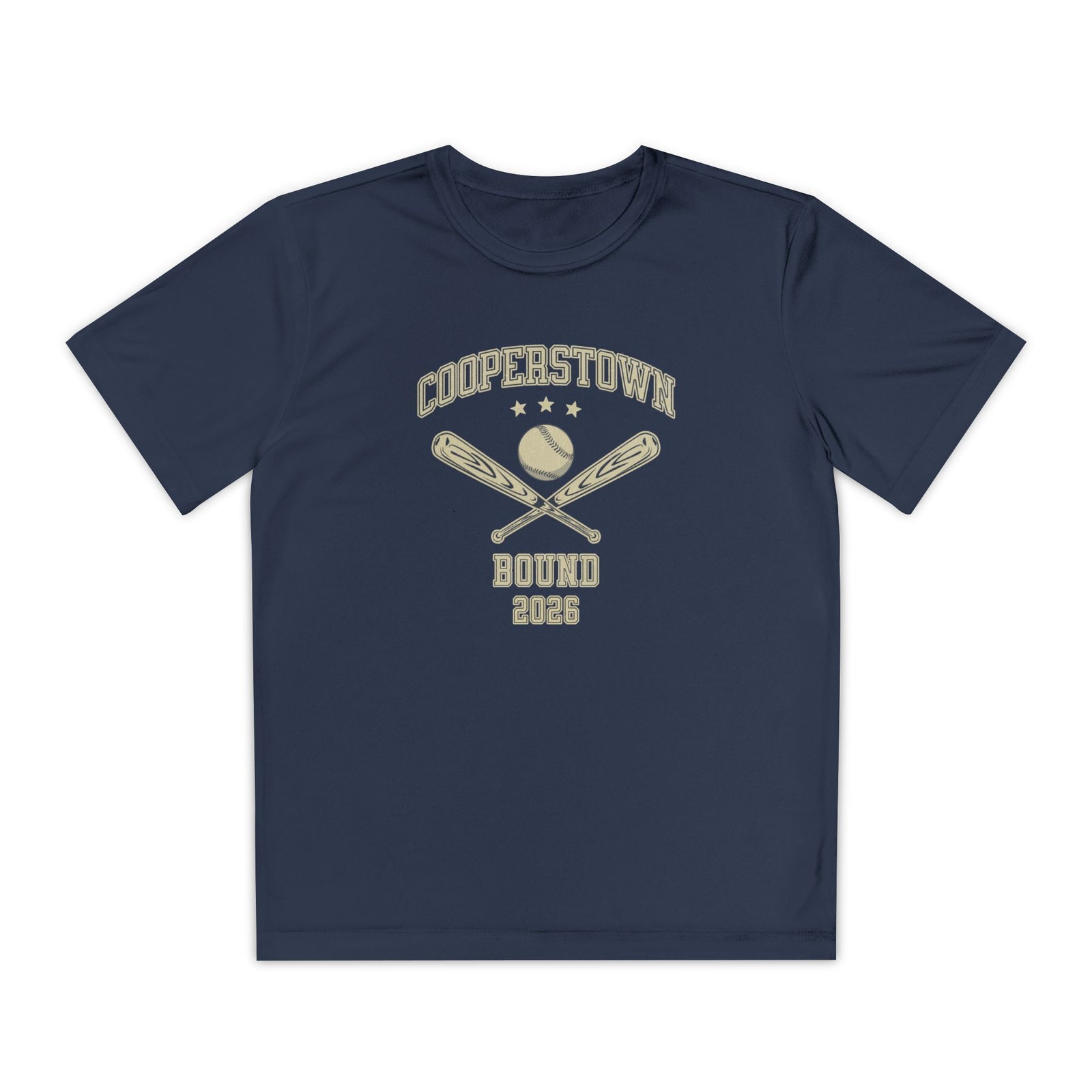 navy blue youth size t shirt with beige text that says cooperstown bound 2026