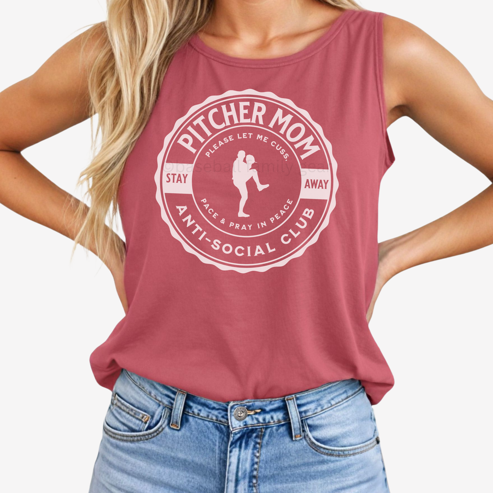 crimson tank top with white design that says pitcher mom anti social club 