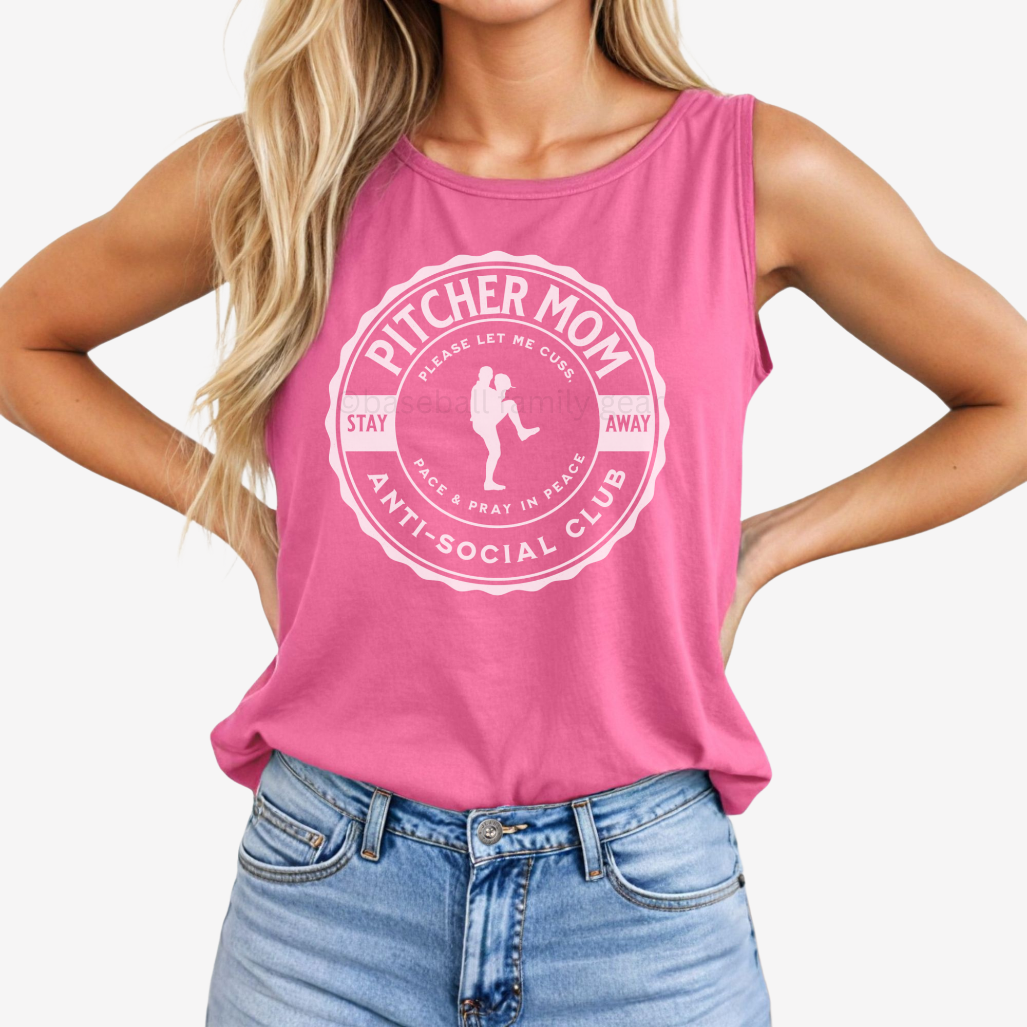pink comfort colors tank top with white ink that says pitcher mom anti social club