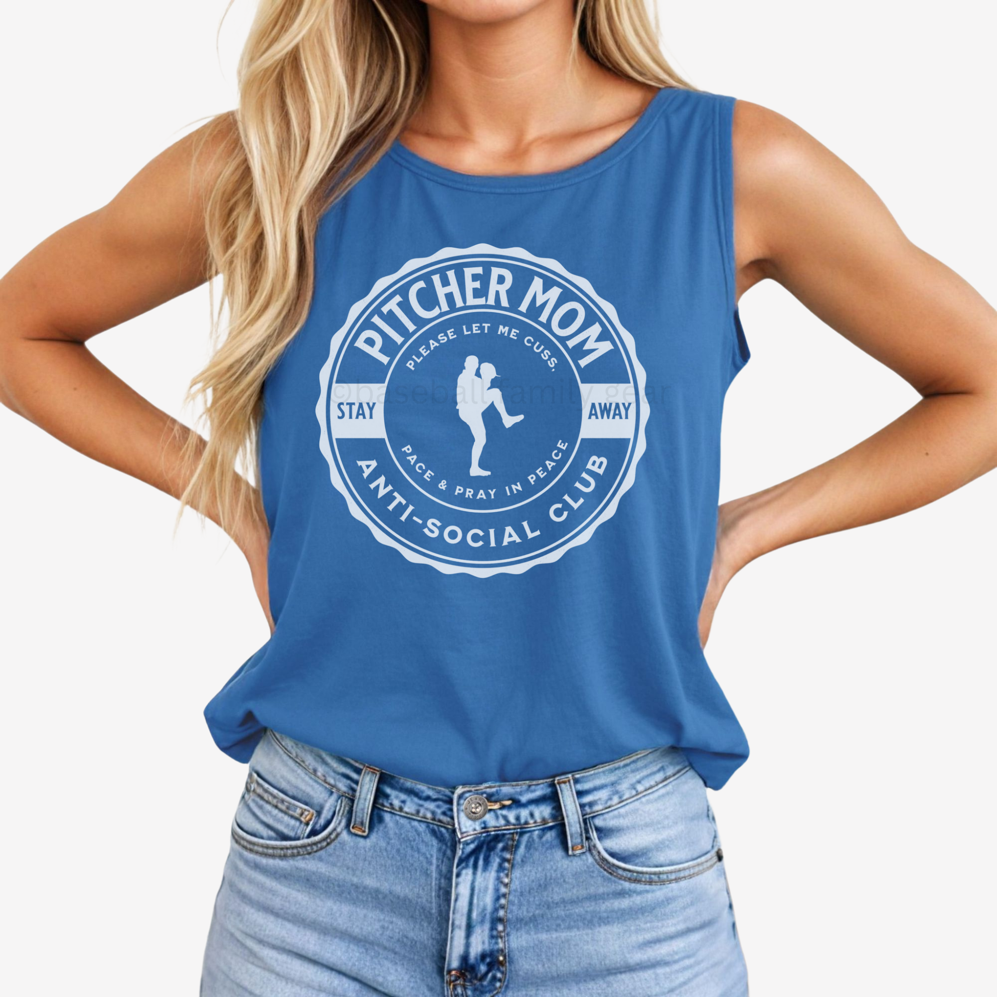 blue comfort colors tank top with white ink that says pitcher mom anti social club