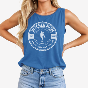blue comfort colors tank top with white ink that says pitcher mom anti social club