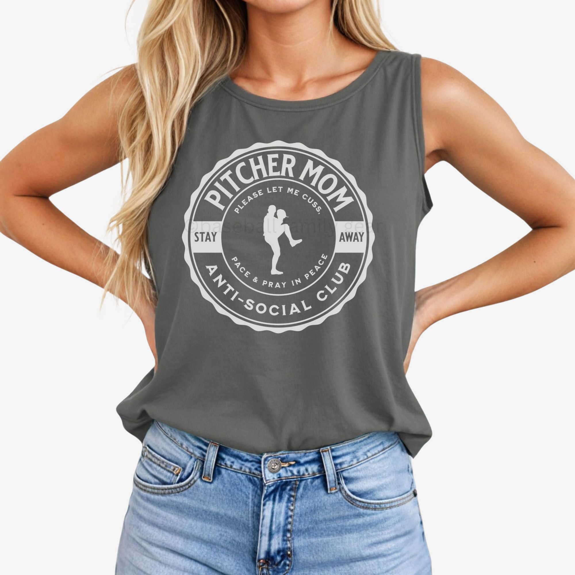 pepper comfort colors tank top with white ink that says pitcher mom anti social club